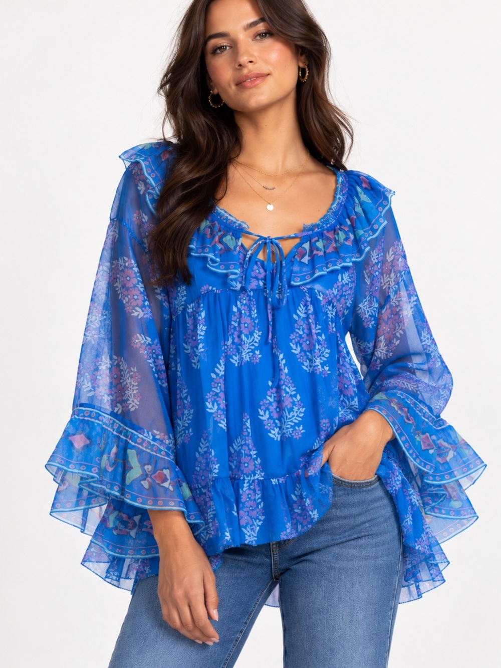 Johnny Was Womens Gal Ruffle Tie Silk Blouse, Blue